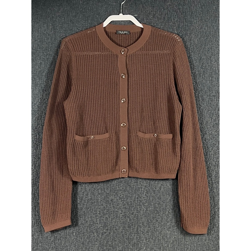 Rag & Bone Brown Crochet Knit Button Front Cardigan Sweater Pockets Sz M/L